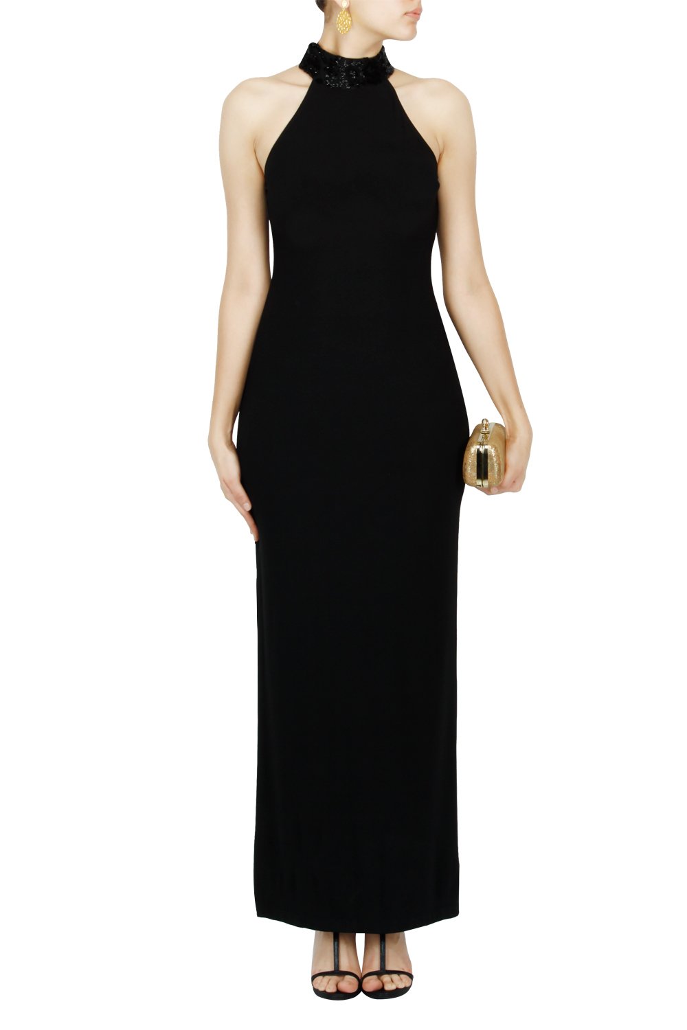 Gowns, Black halter neck gown with embroidered sheer back